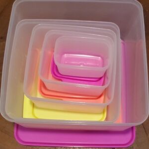 Tupperware Set with Pink, Orange, and Yellow Lids